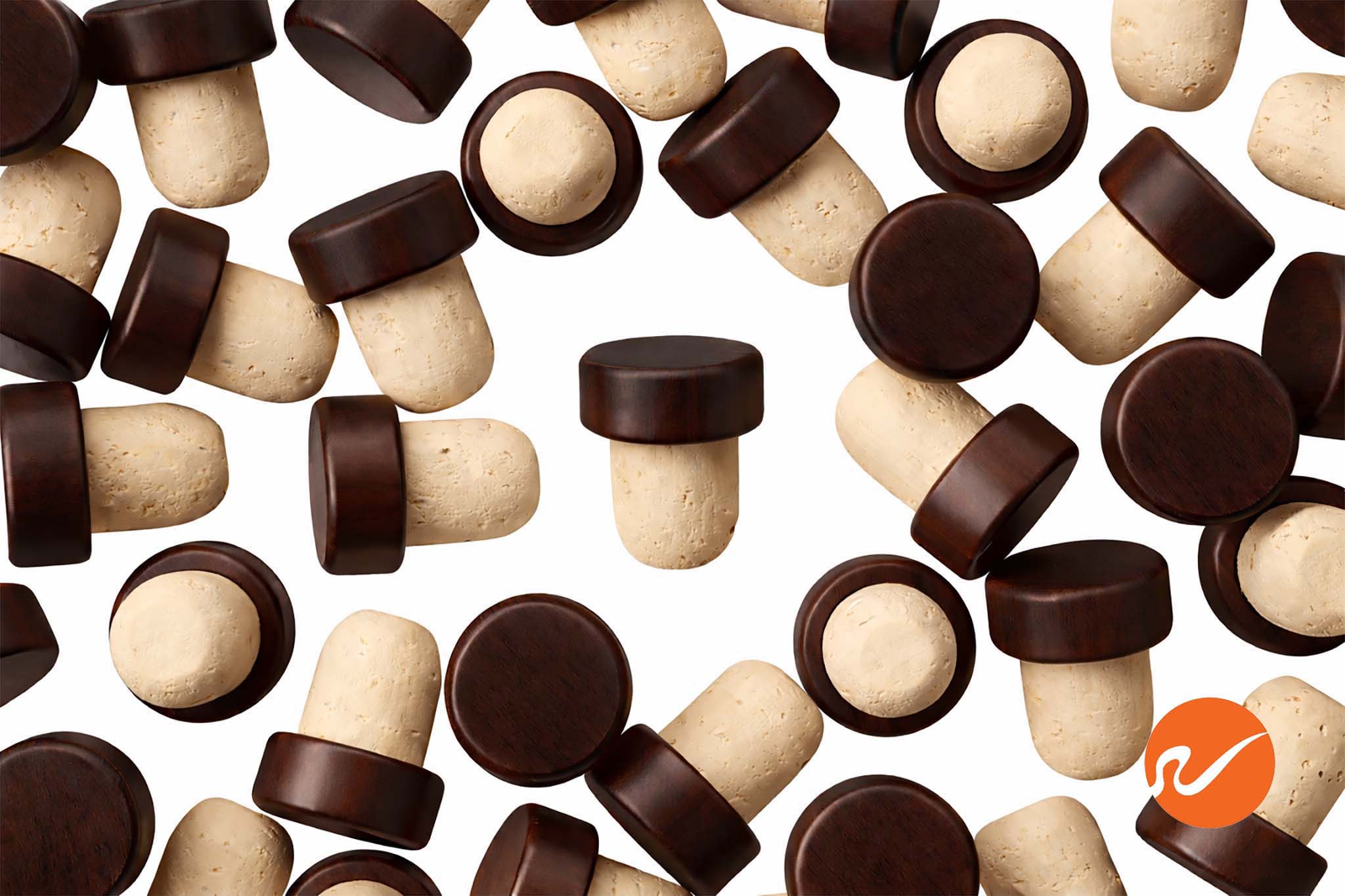 Corchos en T naturales de 19,5 mm con tapas de madera oscura