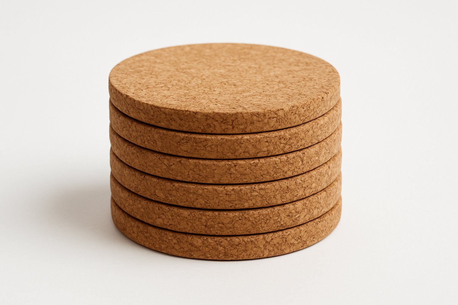 A stack of 6 round cork coasters on a white background. 