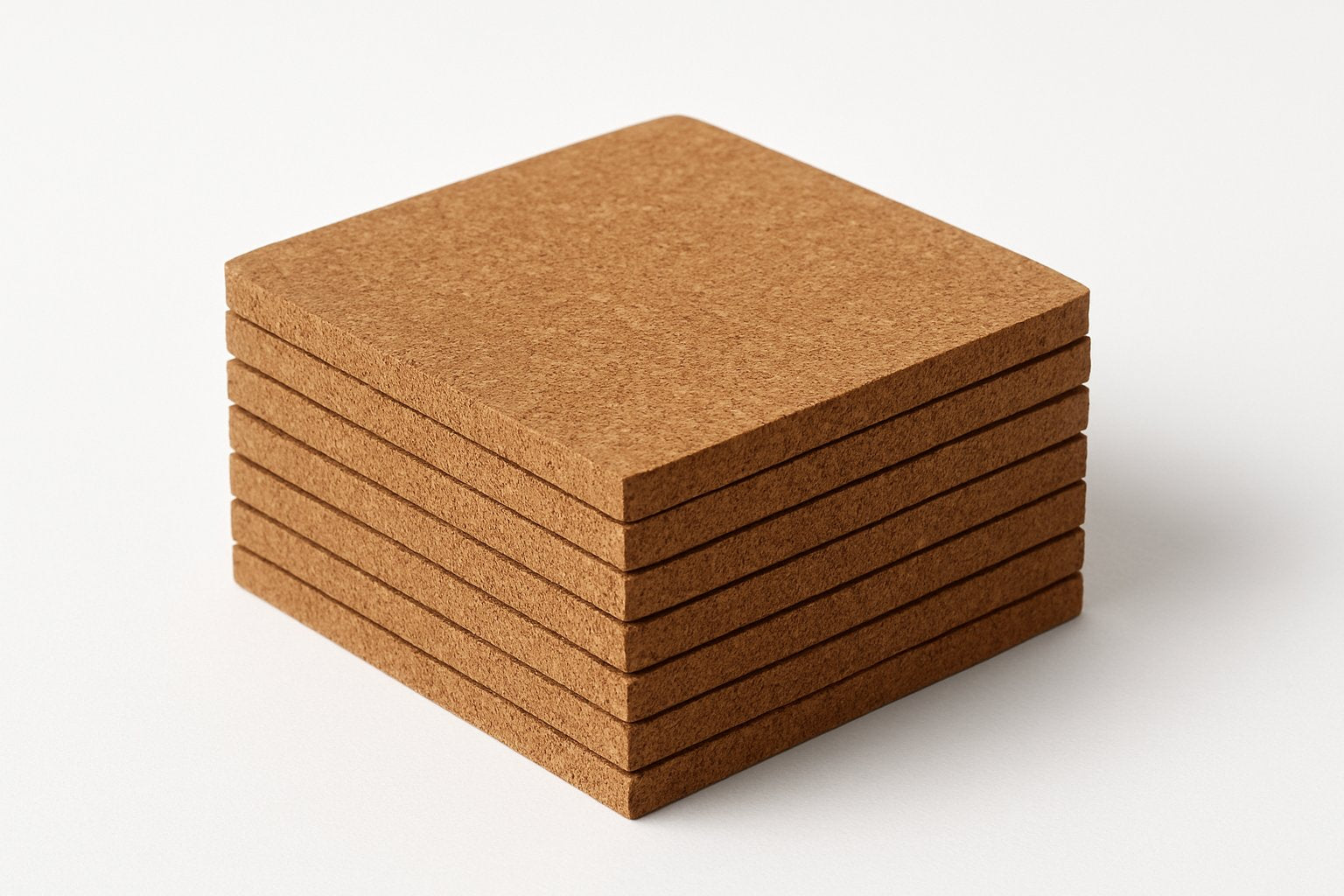 A stack of 6 WidgetCo cork coaster squares.  